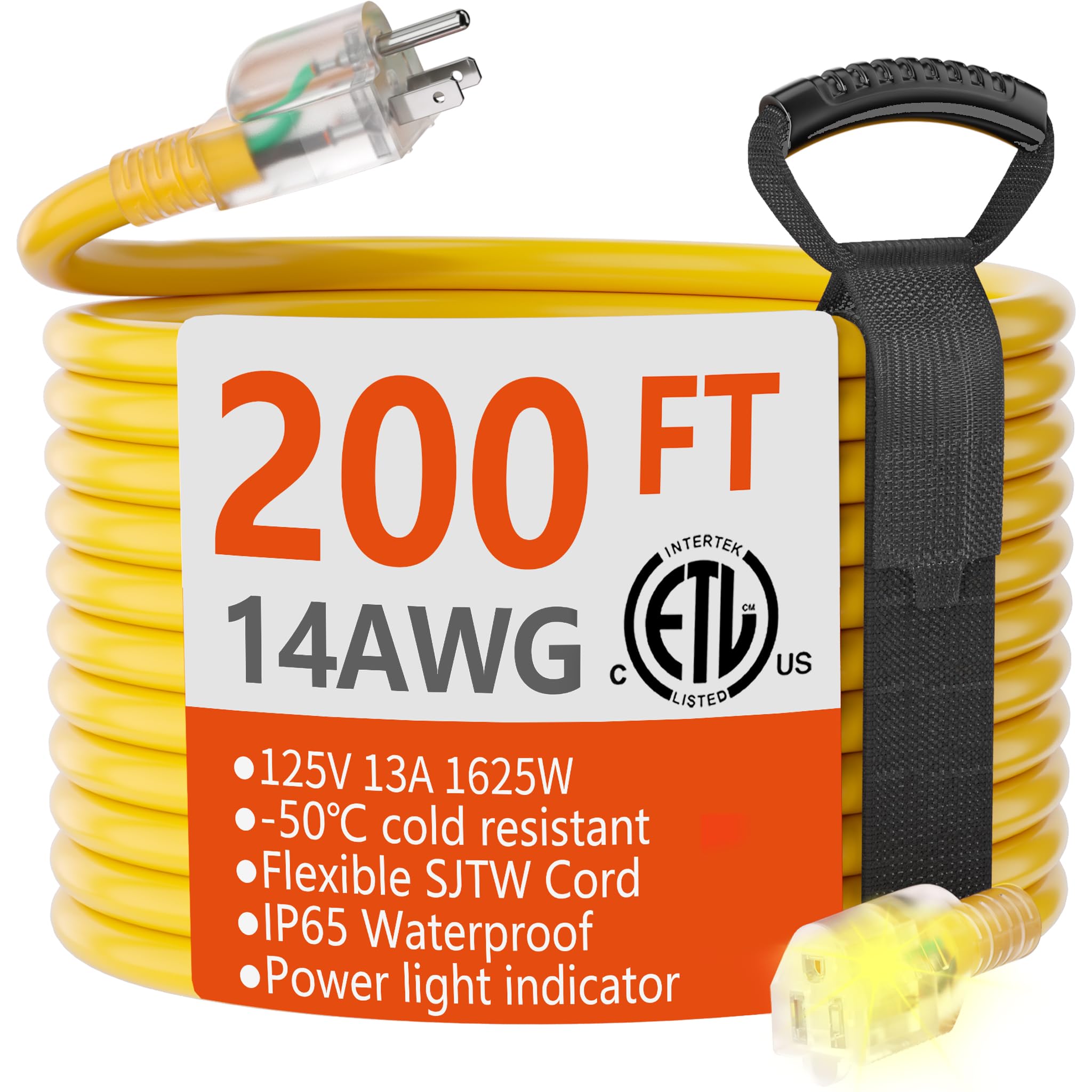 HUANCHAIN Indoor Outdoor Black Extension Cord 50 ft Waterproof, 16/3 Gauge Flexible Resistant Appliance Extension Cord Outside, 13A 1625W 16AWG SJTW, 3 Prong Heavy Duty Electric Cable, ETL Listed